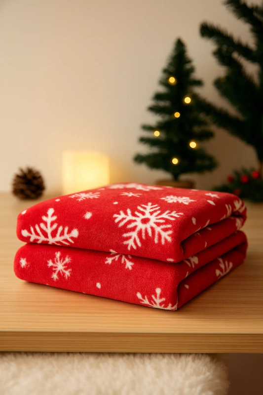 Koc świąteczny czerwony w śnieżynki 160x200
