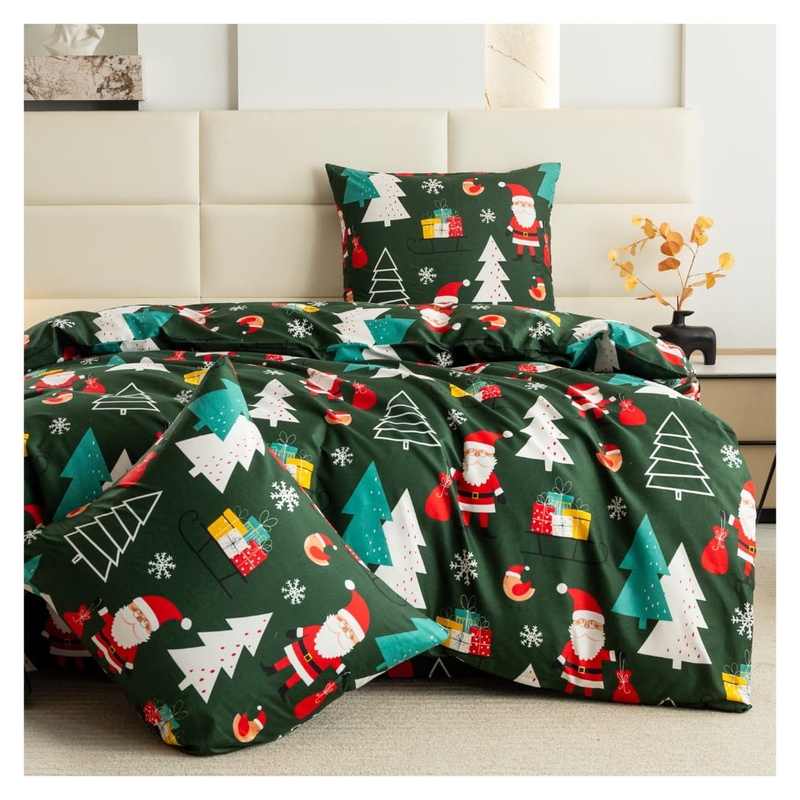 Pościel świąteczna zielona w mikołaje, prezenty i choinki 160x200 3 el.
