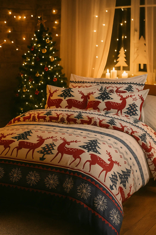 Pościel świąteczna biało-granatowa 160x200 3 el. A020