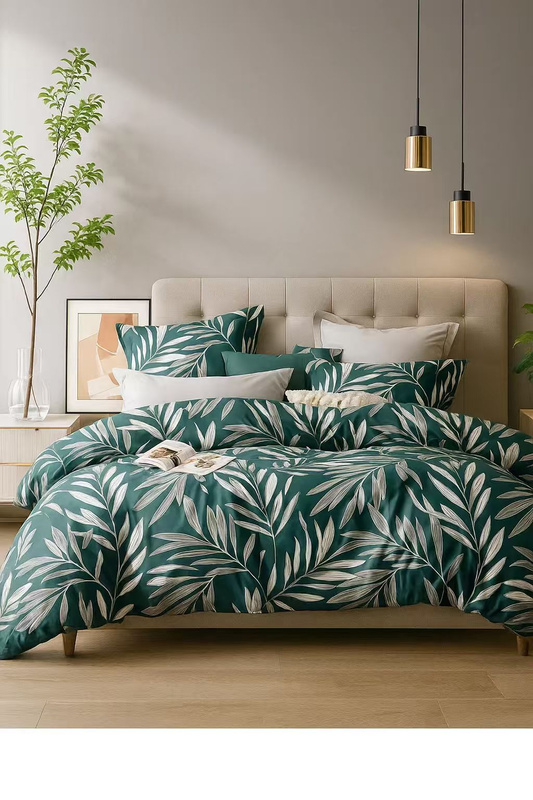 Pościel butelkowa zielona w liście 200x220 4 el. z prześcieradłem z gumką Arenya D-138