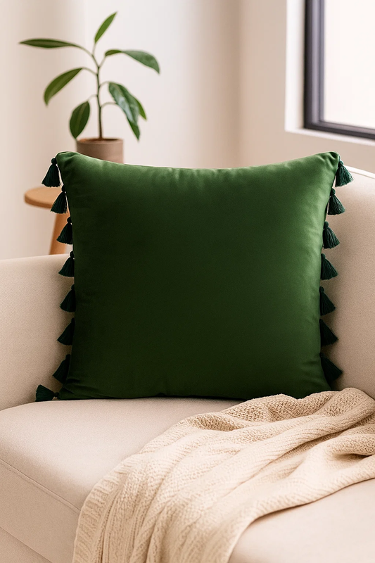 Poszewka na poduszkę dekoracyjna 40x40 butelkowa zielona frędzle