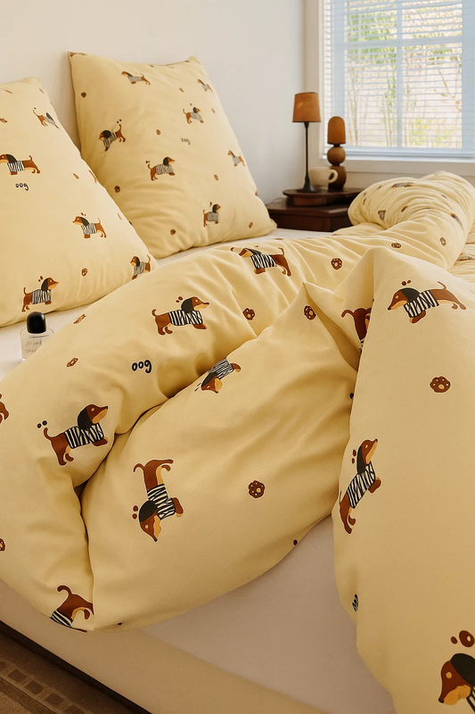 Pościel jasna beżowa w jamniki w ubrankach 160x200 3 el. Doggy F4