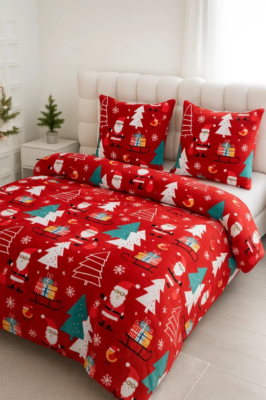 Pościel pluszowa zimowa miś świąteczna czerwona w mikołaje i choinki 200x220 3 el.
