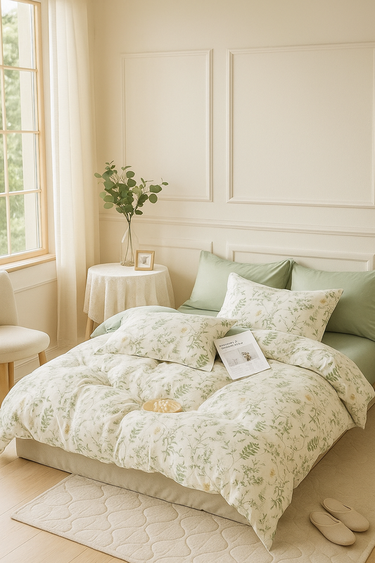 Pościel bawełniana biało-zielona w kwiatki i liście 160x200 3 el. L48