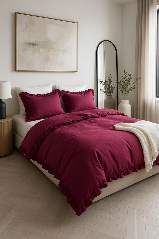 Pościel z falbanką bordowa 200x220 3 el.
