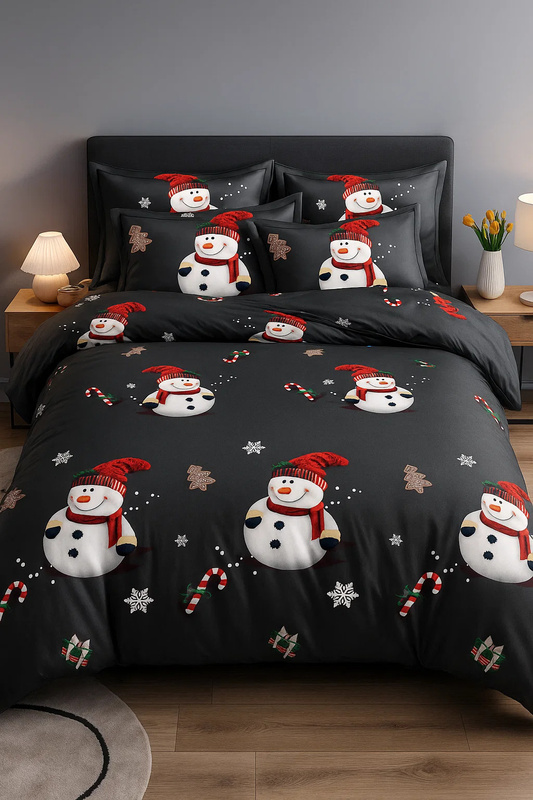 Pościel świąteczna ciemna szara w bałwanki 200x220 4 el. A022