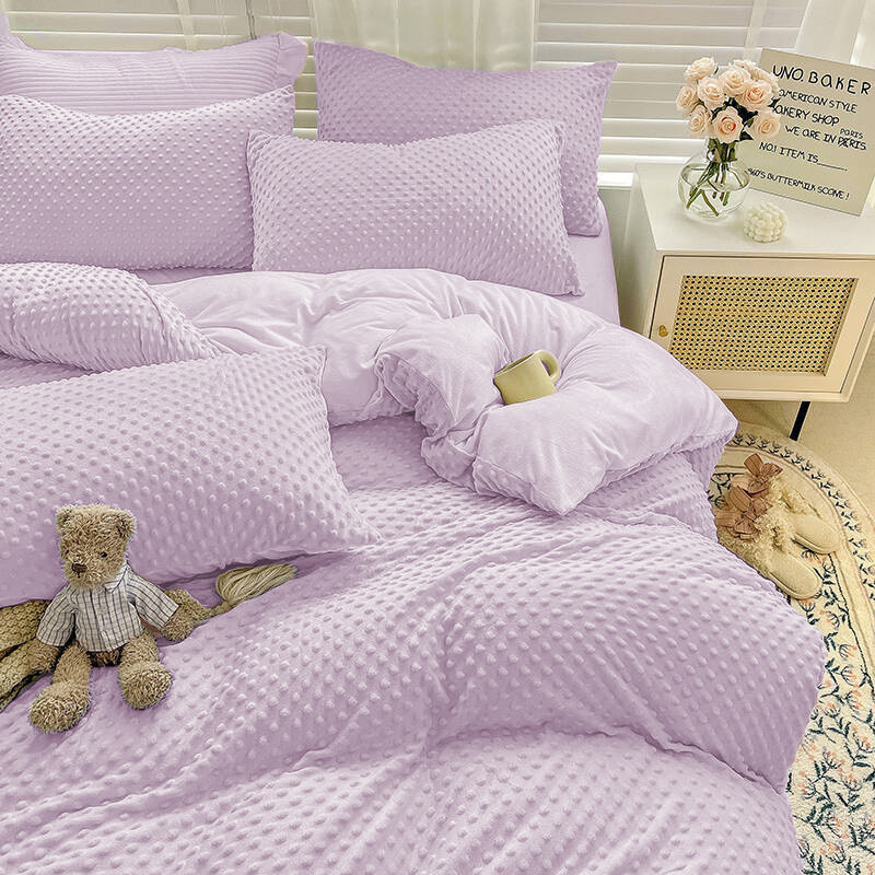 Pościel pluszowa zimowa miś w kropki 3D 200x220 3 el. MINKY lawendowa jasna fioletowa nr523