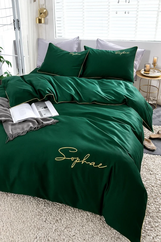 Pościel butelkowa zielona ze złotym zdobieniem lamówka 160x200 3 el. FHL2603