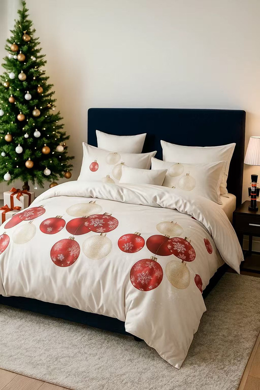 Pościel świąteczna biała w bombki 200x220 4 el. C-100