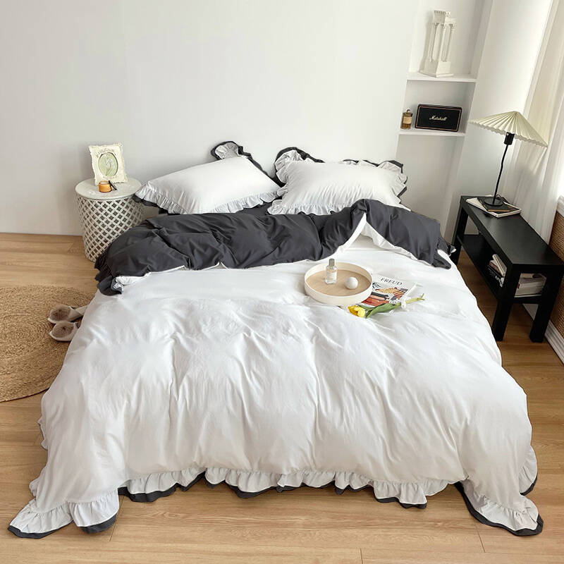 Pościel z podwójną falbanką dwukolorowa biało-ciemnoszara 200x220 3 el.