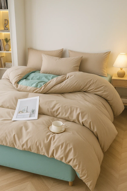 Pościel gładka dwukolorowa 200x220 4 el. z prześcieradłem z gumką kremowa - miętowa H14