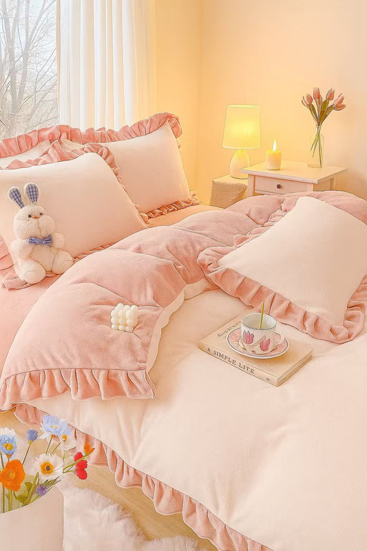 Pościel pluszowa z falbanką zimowa miś 200x220 3 el. różowa nr440