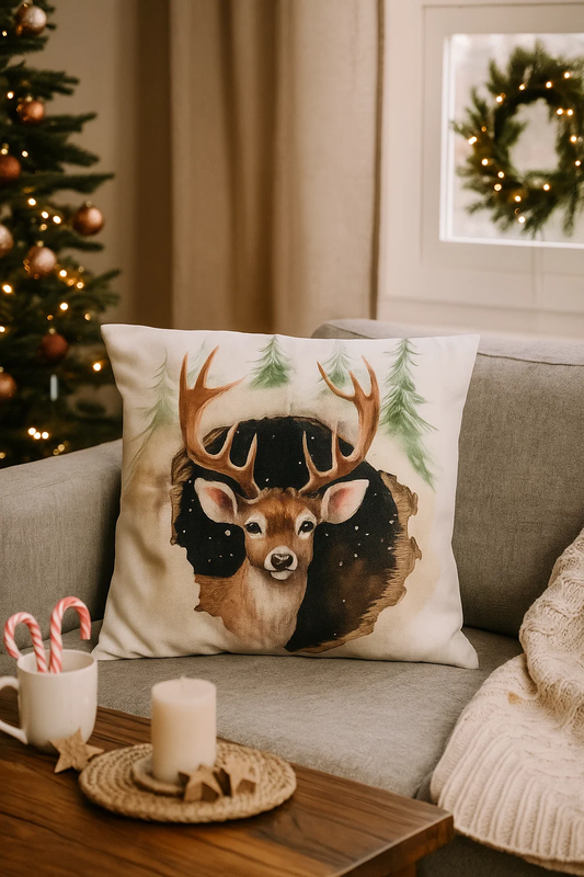 Poszewka na poduszkę świąteczna biała z reniferem 40x40