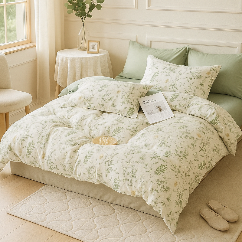 Pościel bawełniana biało-zielona w kwiatki i liście 160x200 3 el. L48