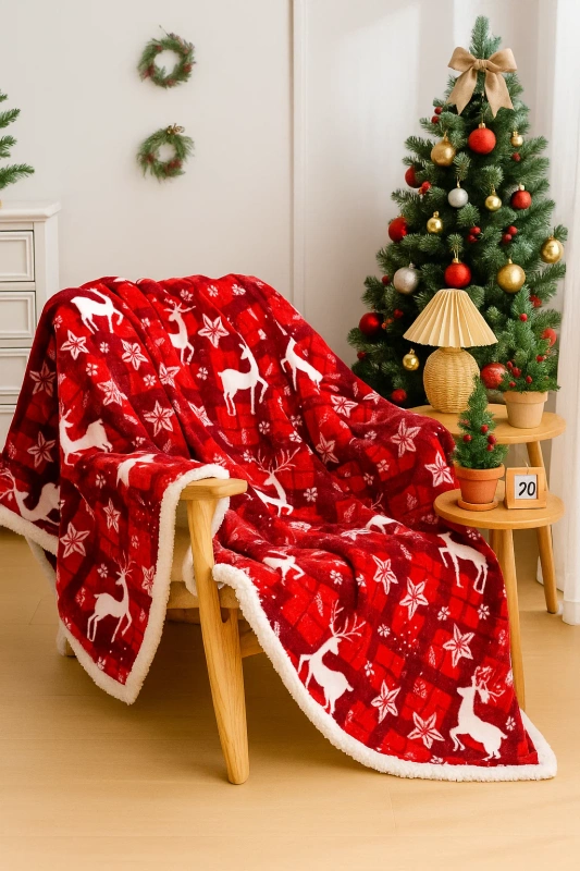 Koc pluszowy świąteczny narzuta z barankiem 200x220 biało-czerwony w renifery w czerwoną kratę