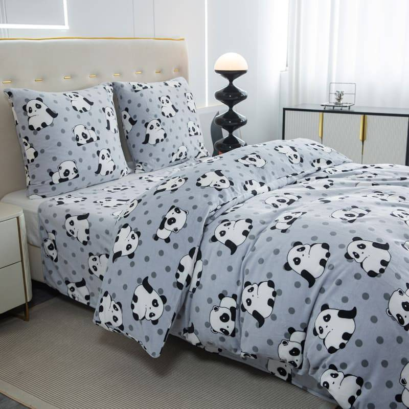 Pościel pluszowa zimowa miś jasna szara w pandy 160x200 3 el.