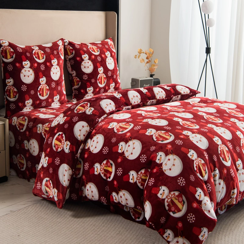 Pościel pluszowa zimowa miś świąteczna czerwona w bałwany 200x220 3 el.