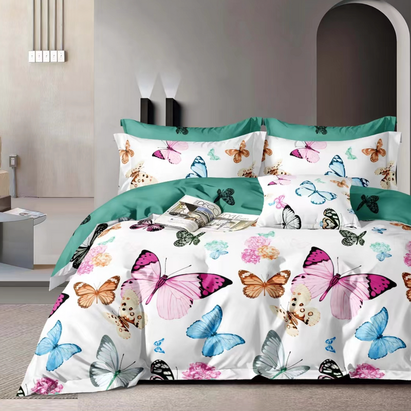 Pościel wielokolorowa w motyle 160x200 4 el. z prześcieradłem z gumką Tula D-120