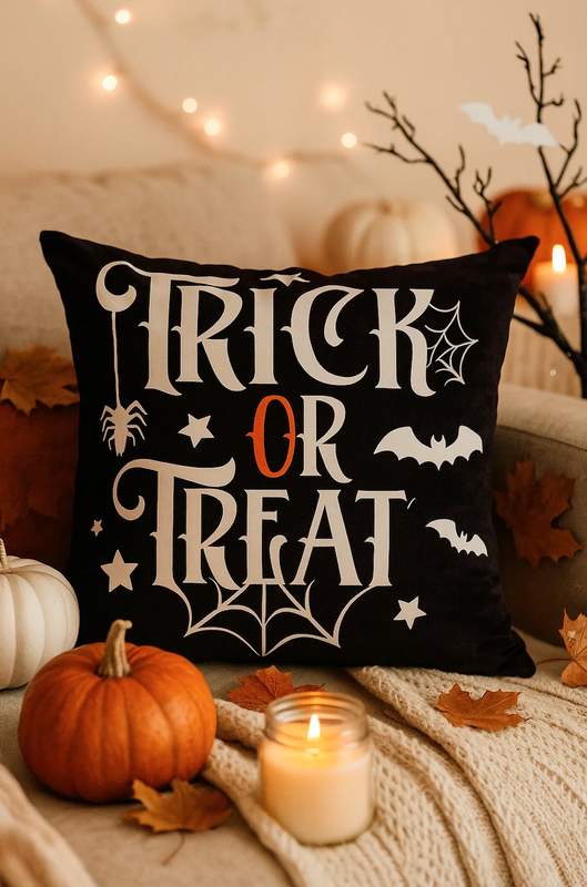 Poszewka na poduszkę Halloween czarna z napisem 40x40 TRICK OR TREAT