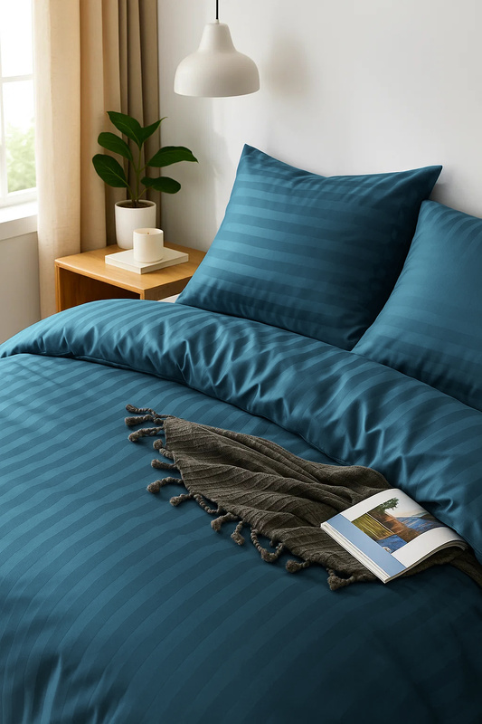 Pościel w pasy niebieska 200x220 3 el. Kim Petrol 