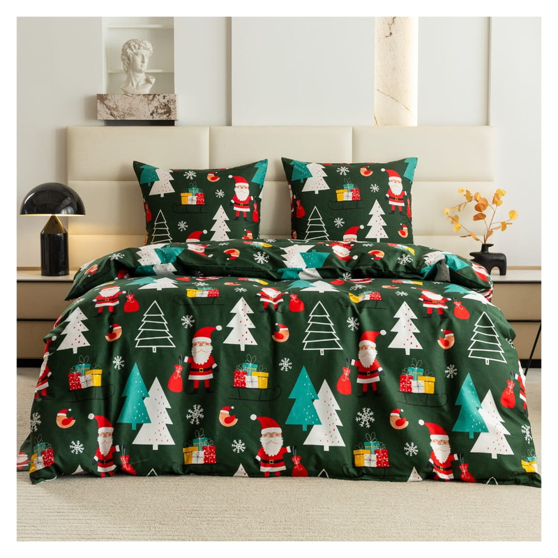 Pościel świąteczna zielona w mikołaje, prezenty i choinki 160x200 3 el.
