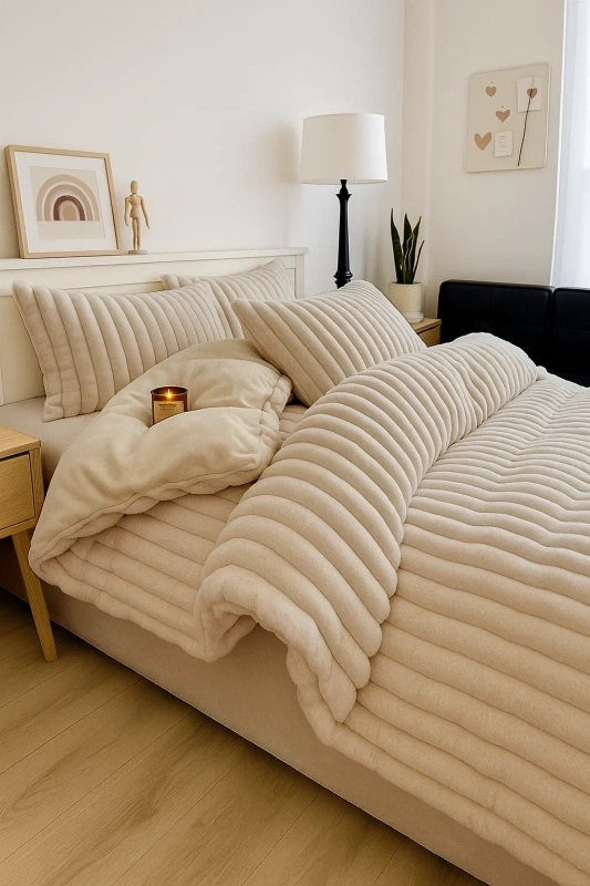 Pościel pluszowa zimowa miś tłoczona w grube szerokie pasy 160x200 3 el. beżowa