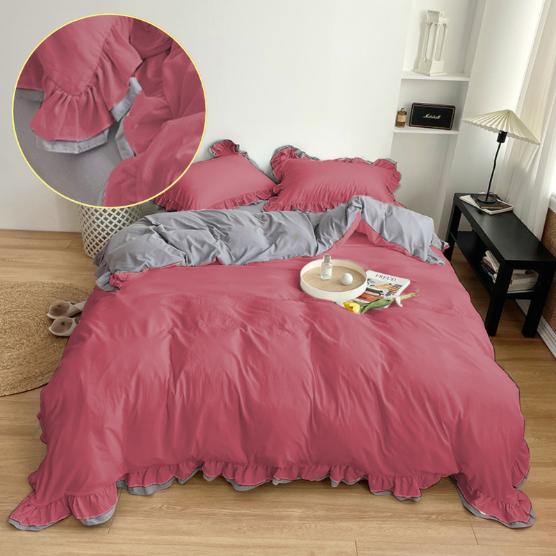 Pościel z podwójną falbanką dwukolorowa czerwono-jasnoszara 200x220 3 el.