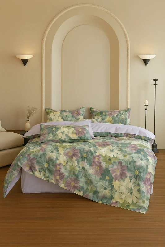 Pościel zielono-fioletowa w kwiaty 160x200 3 el. Tenabo C-130