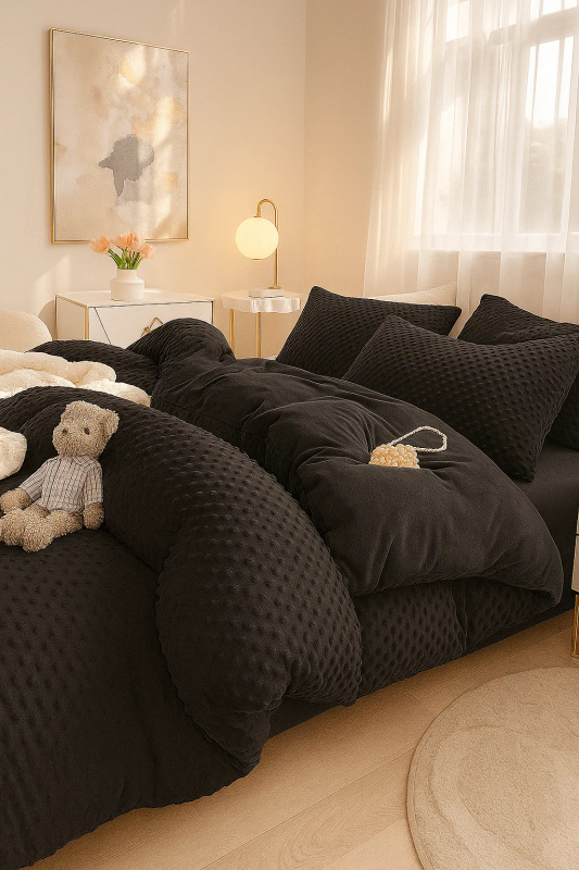Pościel pluszowa zimowa miś w kropki 3D 160x200 3 el. MINKY czarna nr521