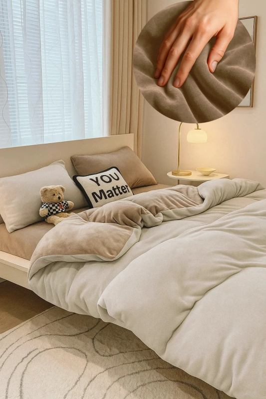 Pościel pluszowa welurowa zimowa miś gładka 160x200 3 el. kremowa - beżowa