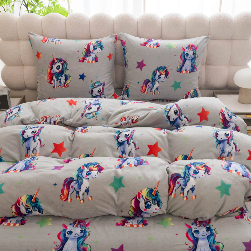 Pościel pluszowa zimowa miś jasna szara w jednorożce 160x200 3 el.