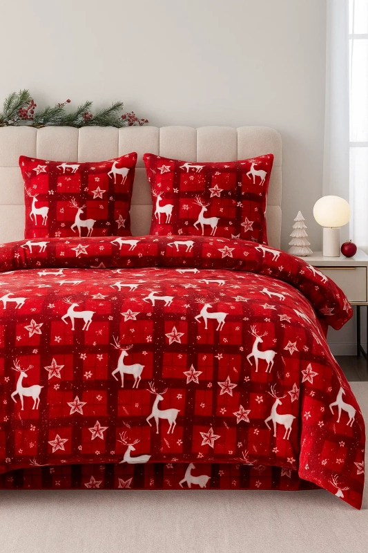 Pościel pluszowa zimowa miś świąteczna czerwona w kratę i reniferki 200x220 3 el.