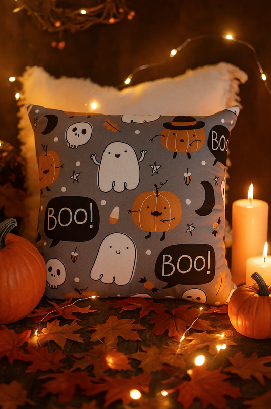Poszewka na poduszkę Halloween szara w duszki dynie 40x40 BOO!