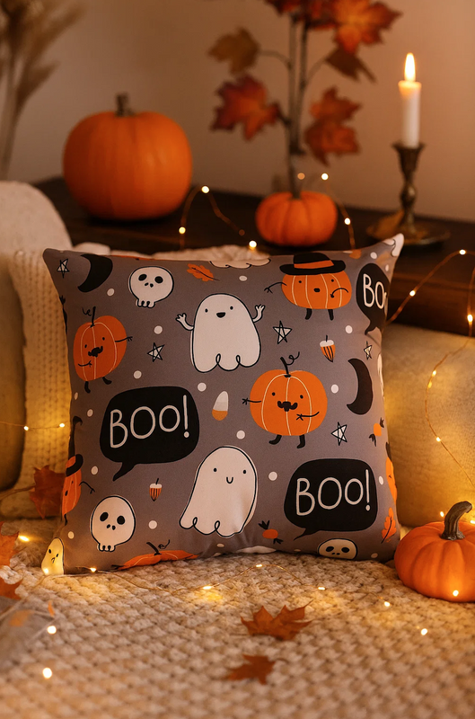 Poszewka na poduszkę Halloween szara w duszki dynie 40x40 BOO!
