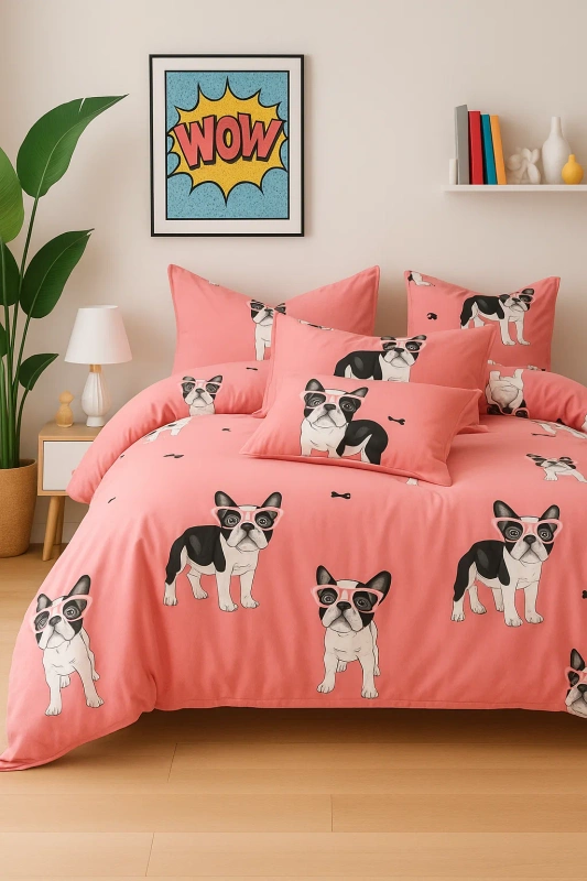 Pościel dziecięca młodzieżowa różowa w buldogi francuskie 160x200 3 el. nr376