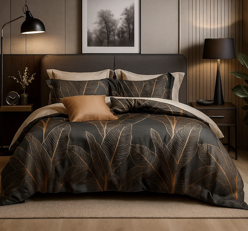 Pościel ciemna szara w liście 200x220 4 el. Reynosa C-113