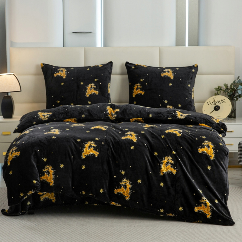 Pościel pluszowa zimowa miś świąteczna 200x220 3 el. czarna w złote renifery