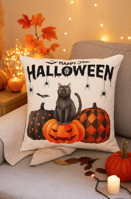 Poszewka na poduszkę Halloween biała z napisem, kotem, dyniami 40x40 HAPPY HALLOWEEN