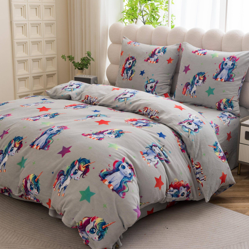 Pościel pluszowa zimowa miś jasna szara w jednorożce 160x200 3 el.
