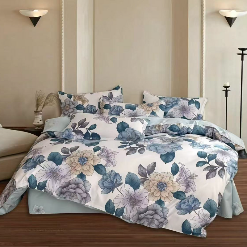 Pościel biało-błękitna w kwiaty 200x220 3 el. Palmira C-3