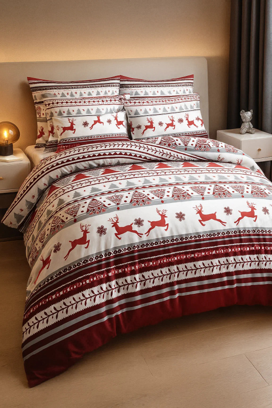 Pościel świąteczna biało-bordowa 160x200 3 el. A023