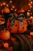 Poszewka na poduszkę Halloween czarna z dynią i kokardą 40x40 PUMPKIN