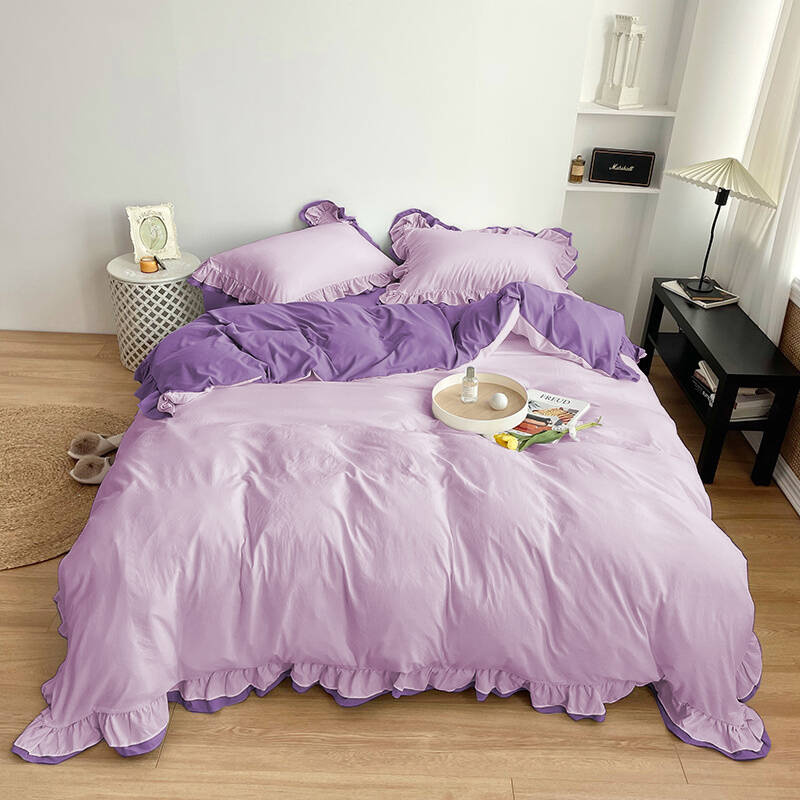 Pościel z podwójną falbanką dwukolorowa różowo-fioletowa 200x220 3 el.