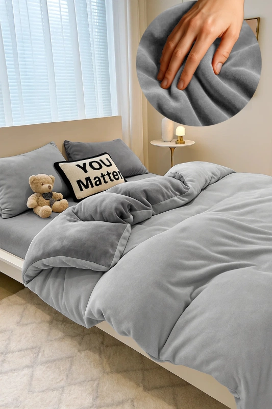 Pościel pluszowa welurowa zimowa miś gładka 200x220 3 el. jasna szara - ciemna szara