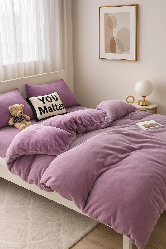 Pościel pluszowa zimowa miś gładka 160x200 4 el. fioletowa