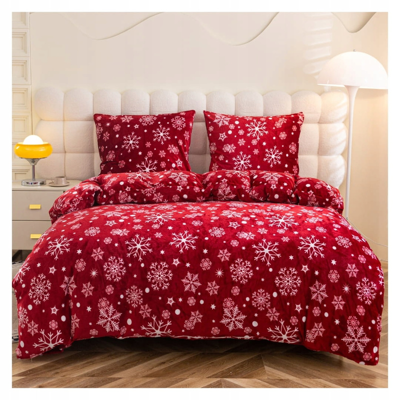 Pościel pluszowa zimowa miś świąteczna czerwona w śnieżynki 200x220 3 el.