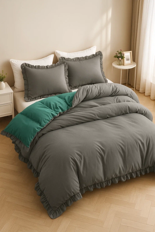 Pościel z falbanką 160x200 3 el. szara - miętowa