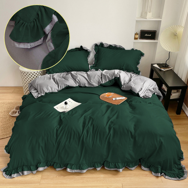 Pościel z podwójną falbanką dwukolorowa butelkowa zielona-jasnoszara 200x220 3 el.