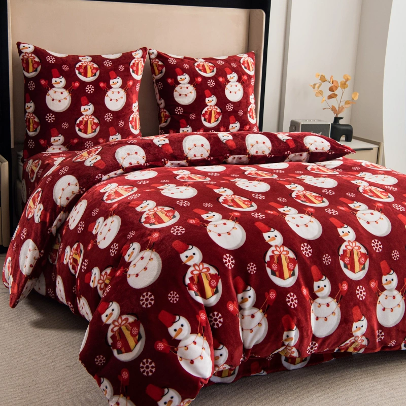 Pościel pluszowa zimowa miś świąteczna czerwona w bałwany 200x220 3 el.