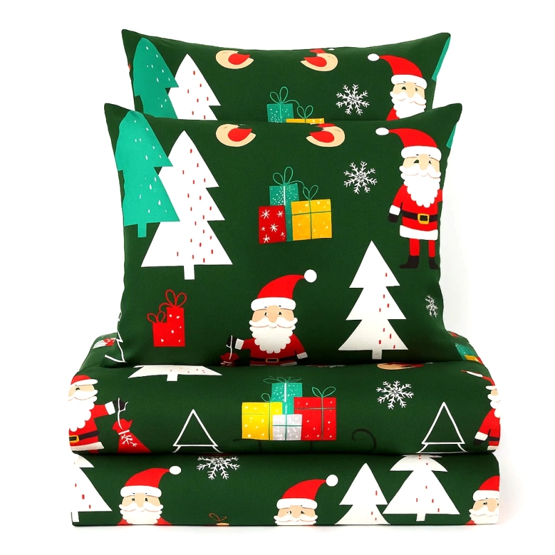 Pościel świąteczna zielona w mikołaje, prezenty i choinki 160x200 3 el.
